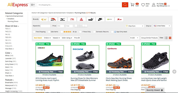 AliExpress website with several filter options to choose products